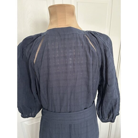 MADEWELL Tie-Waist Tiered Midi Dress Windowpane Navy Blue Button Up Size 8 - Picture 9 of 16